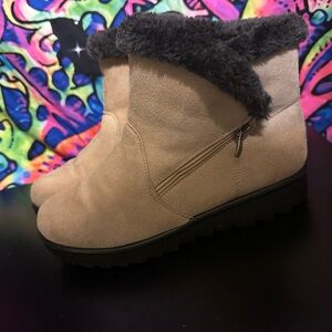 Tan Ankle Boots with Faux Fur Trim